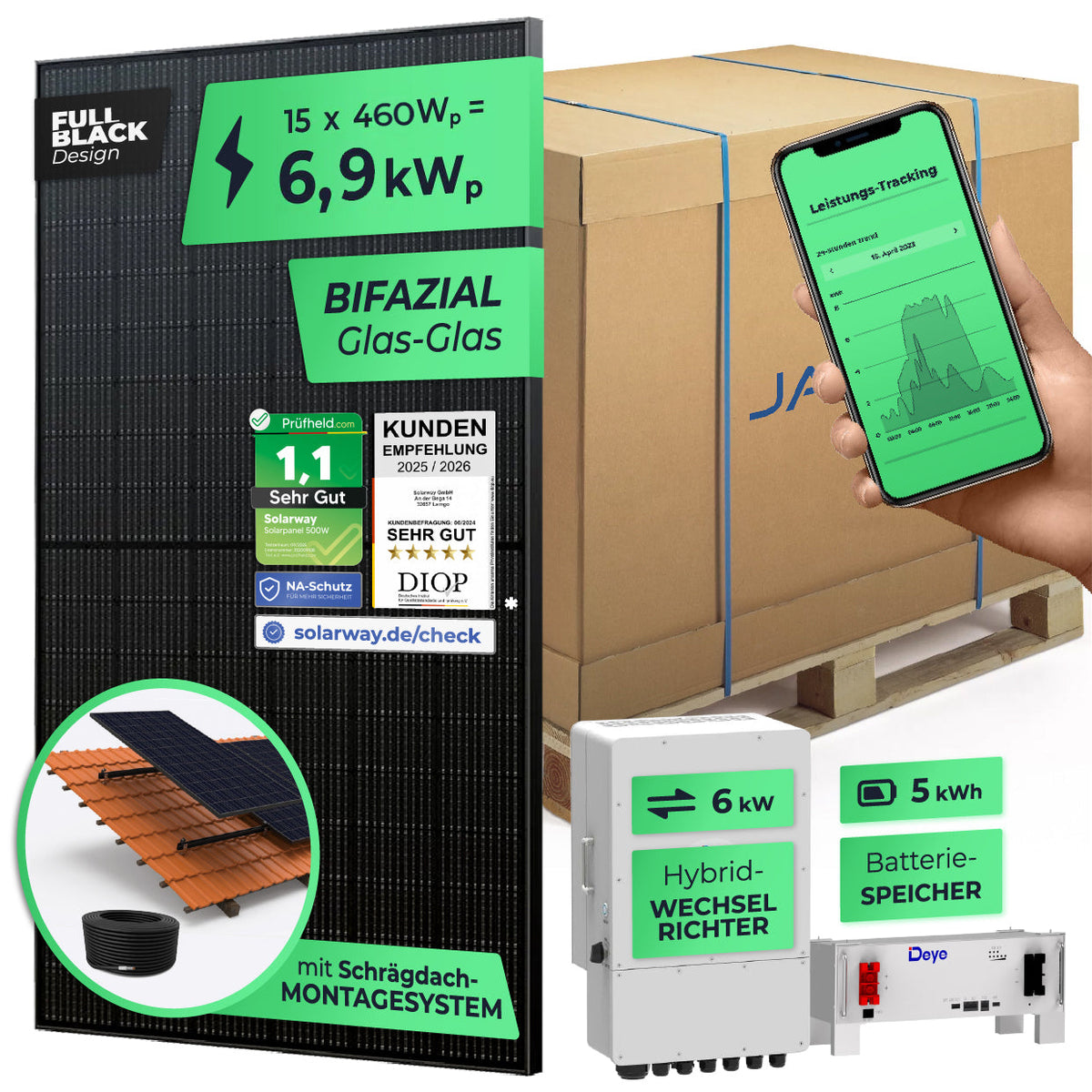 PV-Komplettset 6,9 kWp: 15x460Wp Glas-Glas-Module, Schrägdach-Montage, Deye 6kW Hybrid-Wechselrichter, 5kWh Speicher