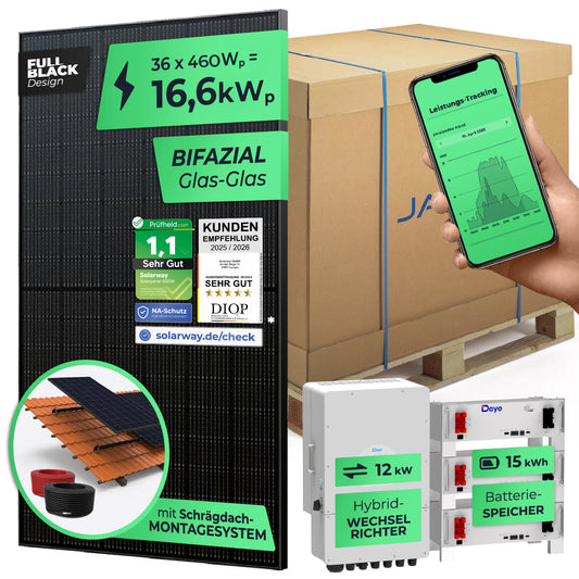 SOLARWAY Solaranlage Komplettset 16,56 kW | Deye 12 kW | Bifazial inkl. Montagesystem, App & WiFi