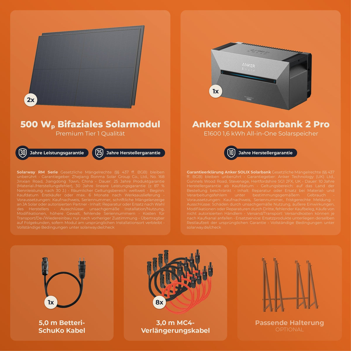 SOLARWAY Balkonkraftwerk 1000 Watt | Anker SOLIX Solarbank 2 E1600 Pro 1,6 kWh Speicher