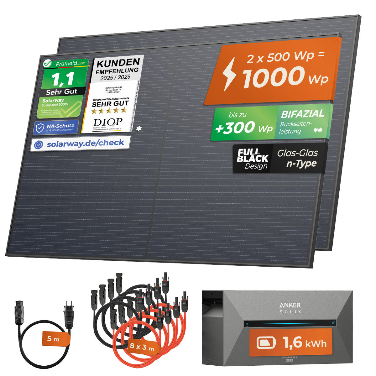 SOLARWAY Balkonkraftwerk 1000 Watt mit Anker SOLIX Solarbank 2 E1600 Pro und 1,6 kWh Speicher