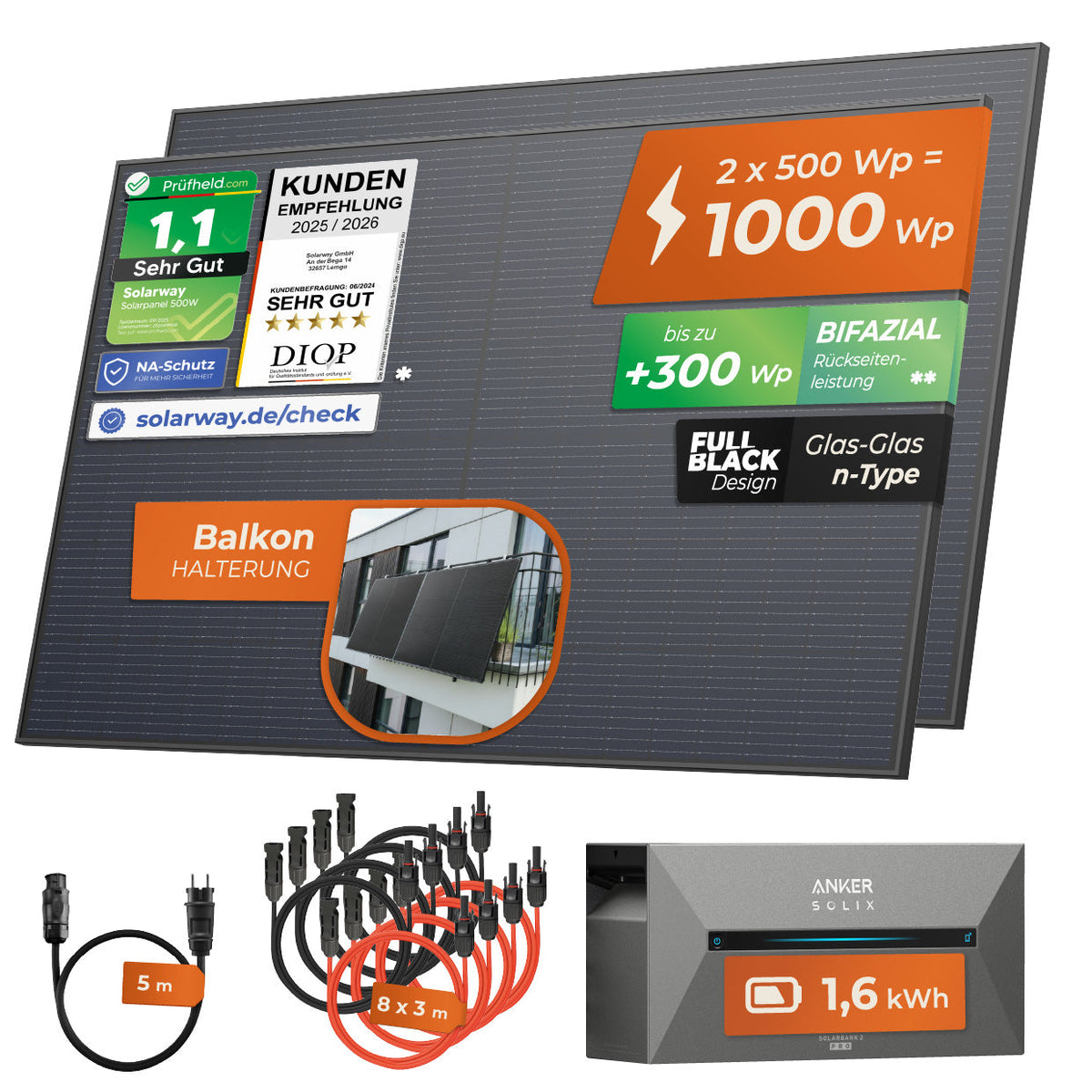 SOLARWAY Balkonkraftwerk 1000 Watt mit Anker Solarbank 2 – Produktansicht 2
