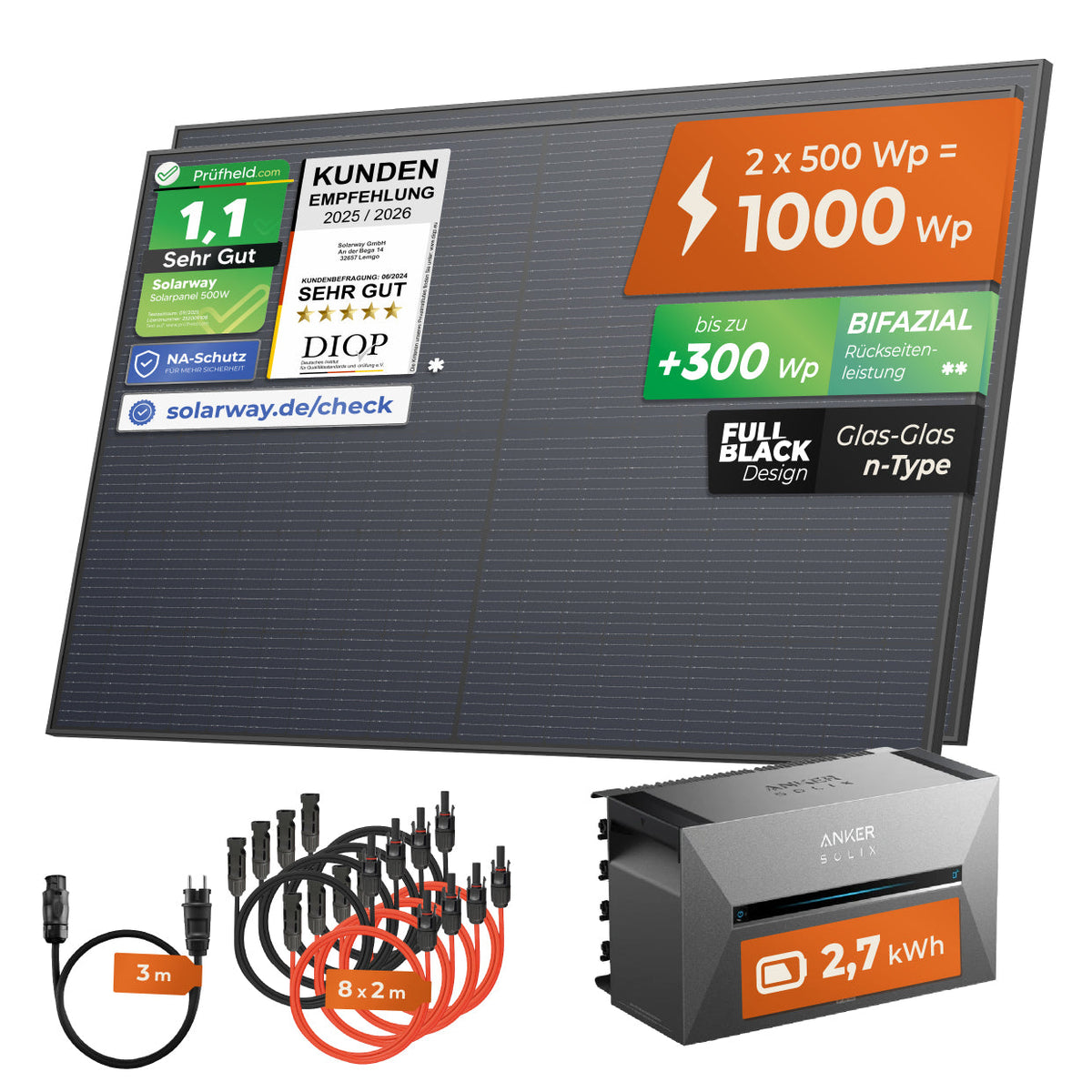 SOLARWAY Balkonkraftwerk 1000 Watt mit Anker SOLIX Solarbank 3 E2700 Pro und 2,7 kWh Speicher