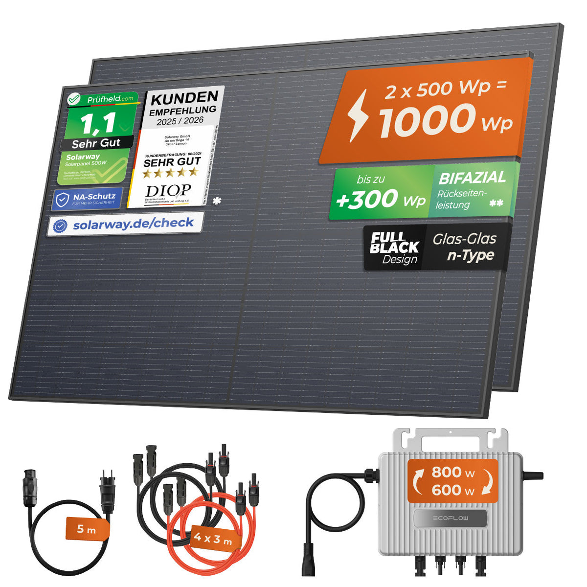 SOLARWAY Balkonkraftwerk 1000 Watt mit EcoFlow 600/800 Watt Wechselrichter