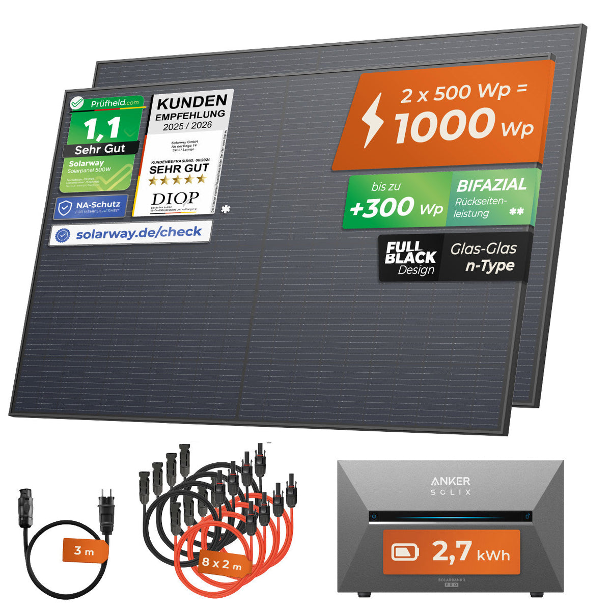 SOLARWAY Balkonkraftwerk 1000 Watt | Anker SOLIX Solarbank 3