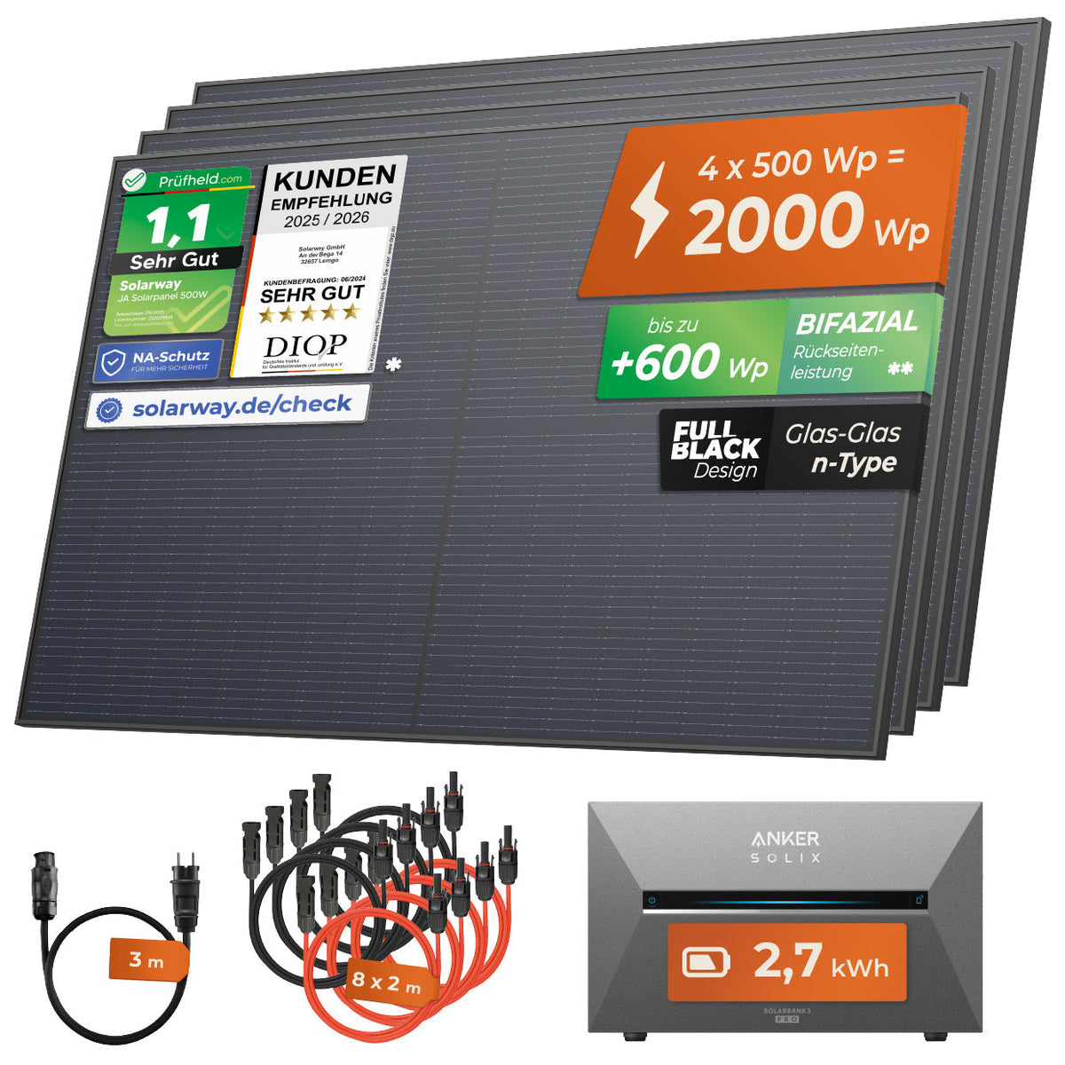 SOLARWAY Balkonkraftwerk 2000 Watt mit Anker SOLIX Solarbank 3 E2700 Pro und 2,7 kWh Speicher