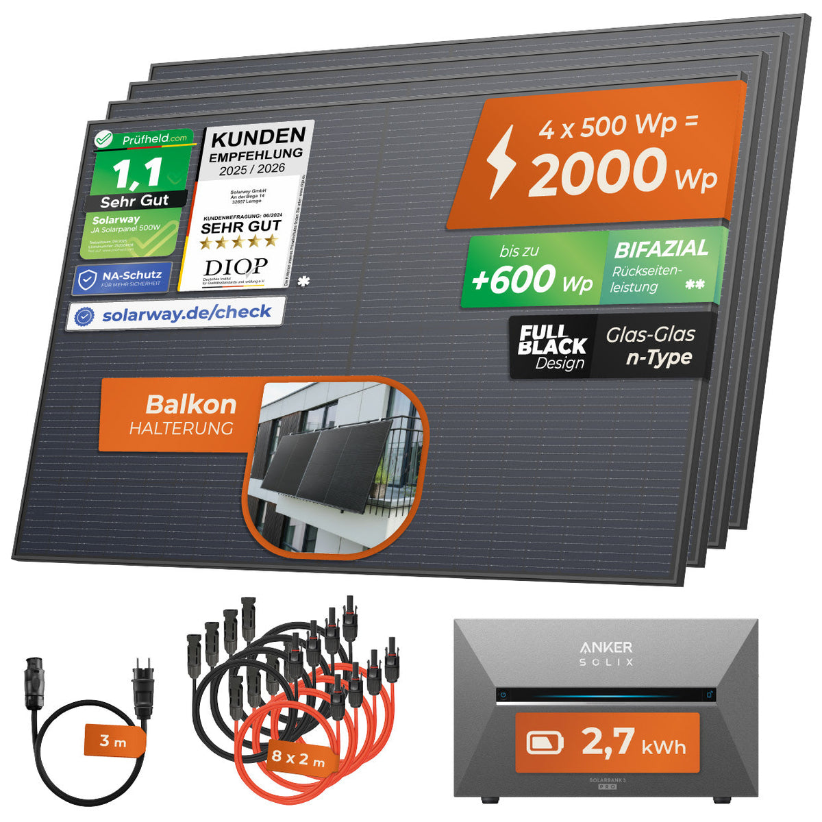 SOLARWAY Balkonkraftwerk 2000 Watt mit Solarbank 3 E2700 Pro und 2,7 kWh – Ansicht 9