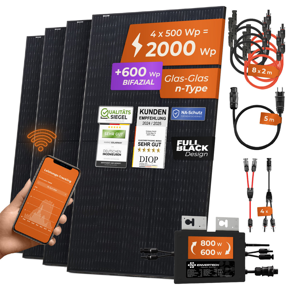 Balkonkraftwerk 4 x 500 Wp Bifazial | Envertech (800 W) - Ziegeldachhalterung