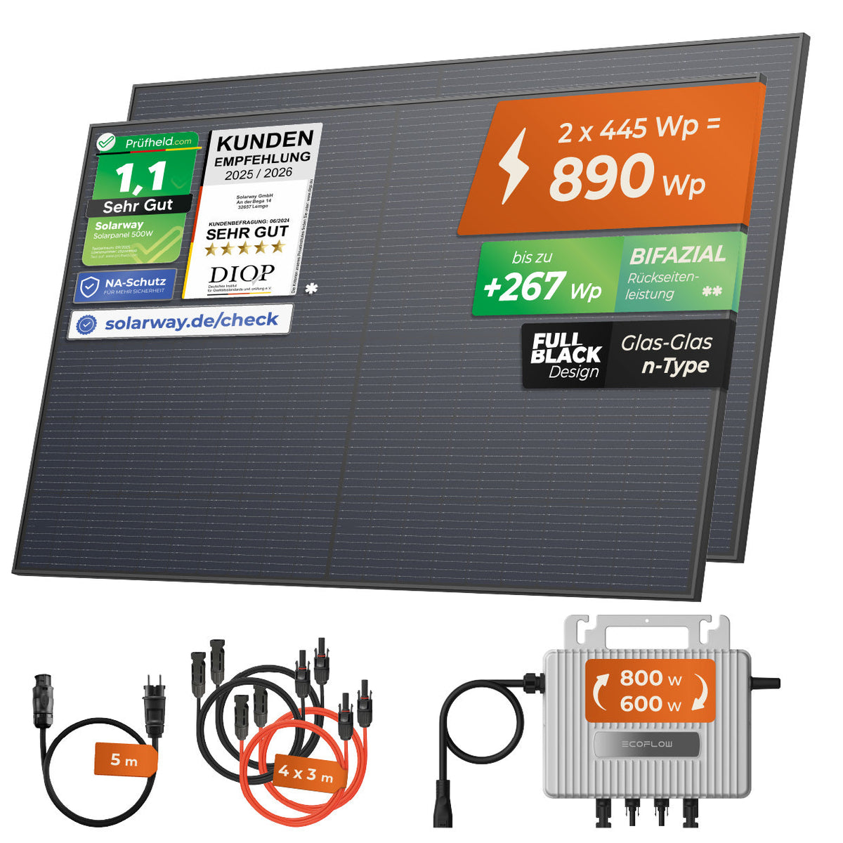 SOLARWAY Balkonkraftwerk 890 Watt mit EcoFlow 600/800 Watt Wechselrichter