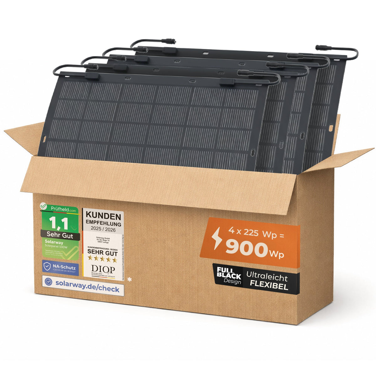 SOLARWAY flexible Solarmodule 900 Wp (4x225 Wp), ultraleicht, ohne Kabel - Amazon-Variante