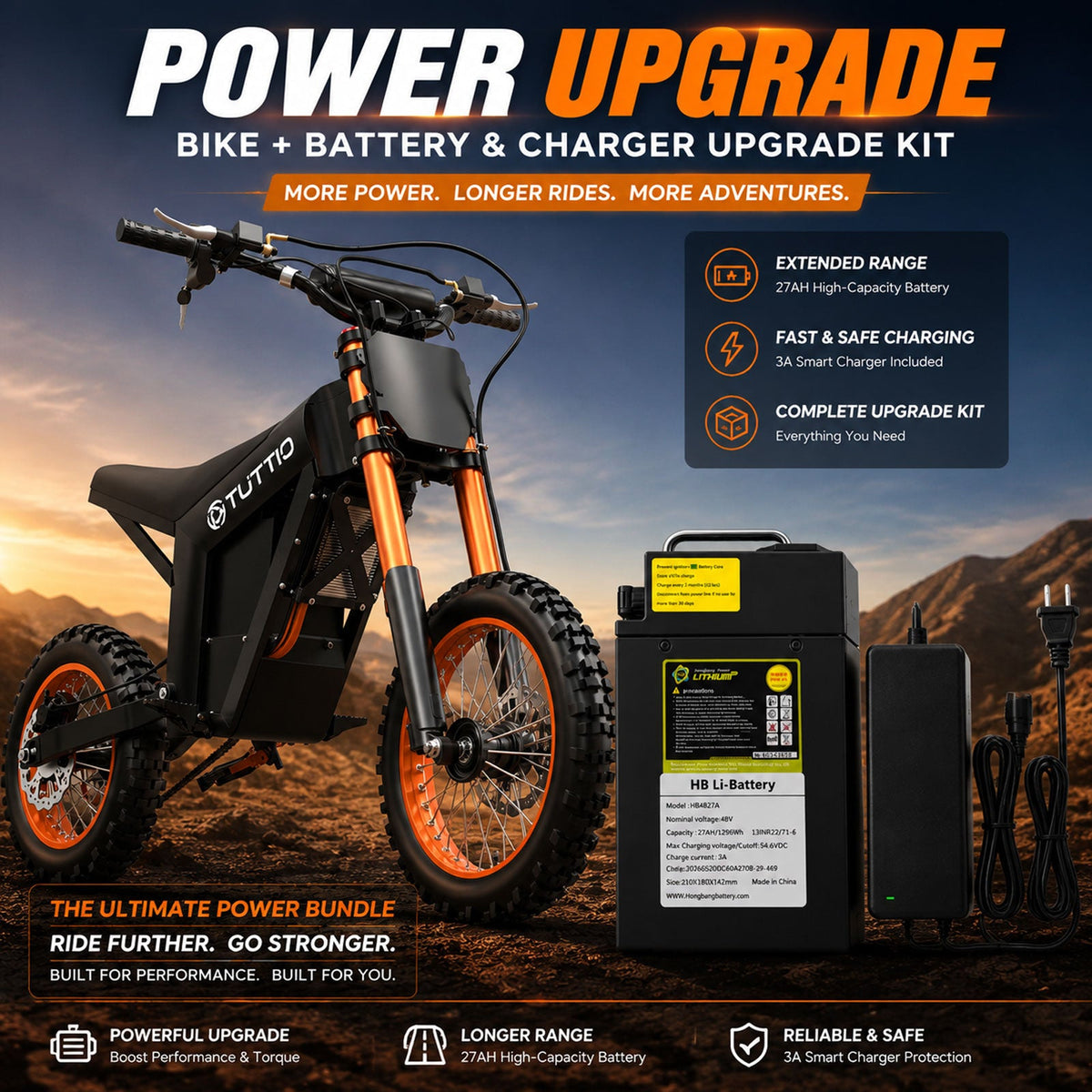 TUTTIO Soleil01 Electric Dirt Bike Bundle with Original 21Ah Battery + 27Ah Upgrade Battery Kit & 3A Charger